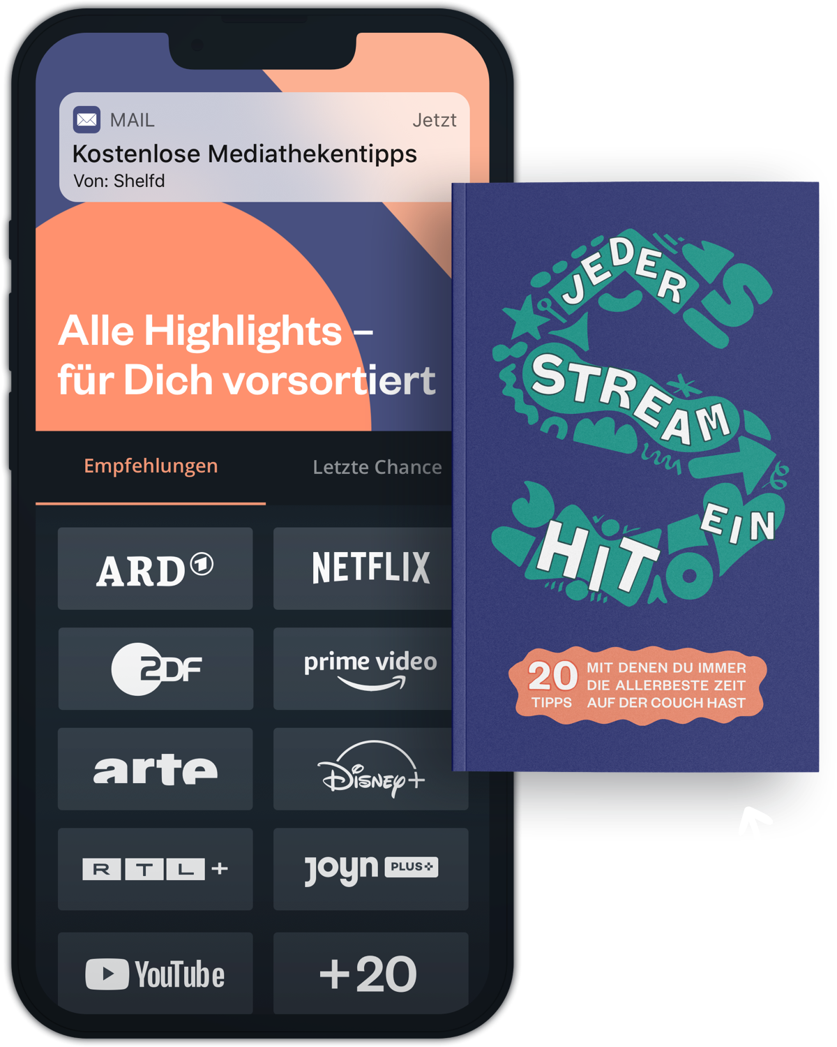 Vorschau auf den Feed mit den Highlights von allen Mediatheken und Streamingdiensten und das Newsletter-Angebot von Shelfd